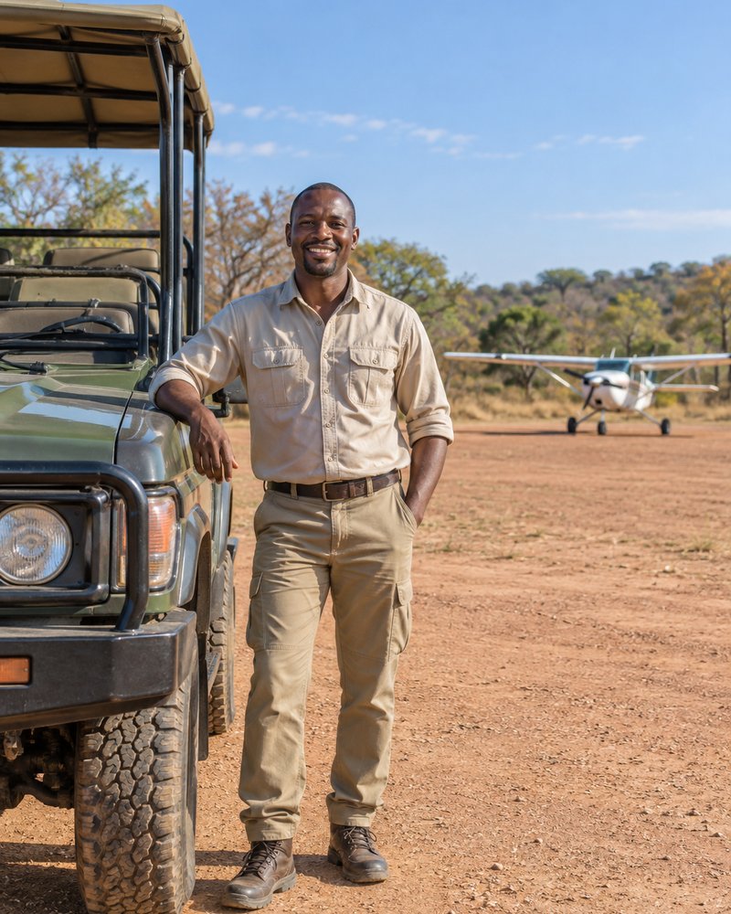 Un guide à côté d'un véhicule de safari en 4x4 sur une piste d'atterrissage