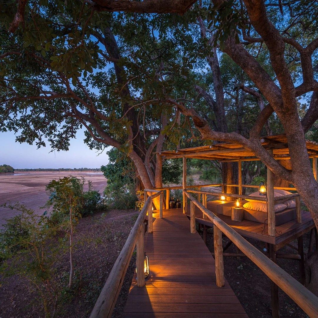 Une allée éclairée à la lanterne mène à une terrasse privée parmi les arbres à Chamilandu Bushcamp