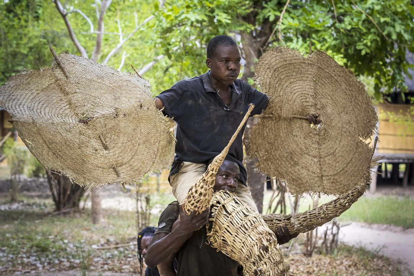 Artisans locaux tissant de grands paniers en roseaux sur la pelouse à Chinzombo