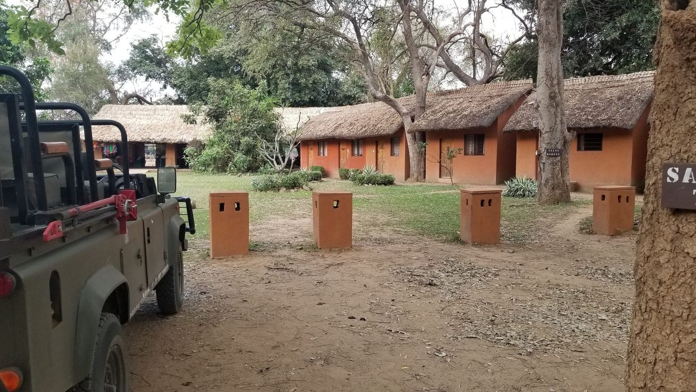 Rangée de chalets en bordure de rivière avec un véhicule de safari garé dehors, Croc Valley Camp