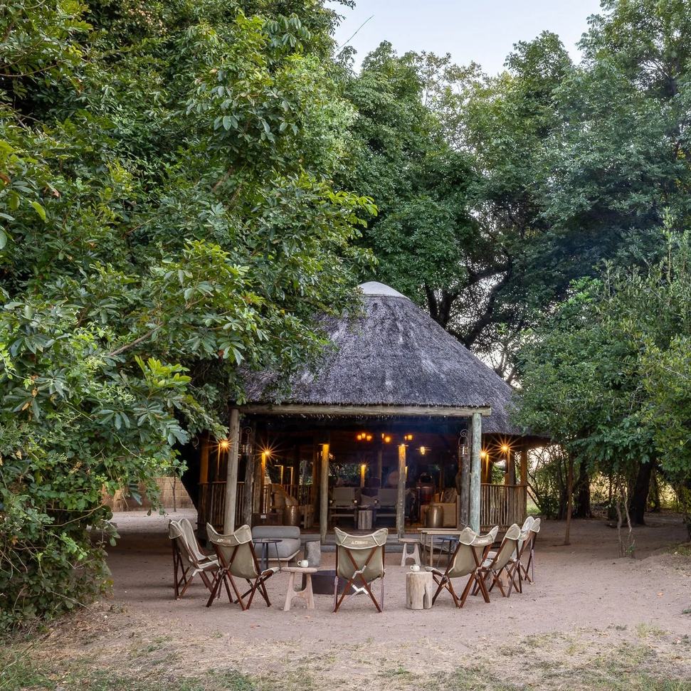 Zone commune en chaume nichée parmi les arbres à Kuyenda Bushcamp, South Luangwa
