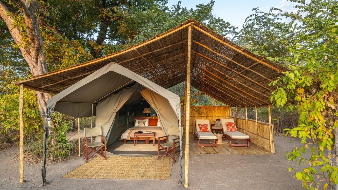Tente en toile sous un abri ombragé couvert de chaume avec des chaises de camp, Nkonzi Camp, South Luangwa