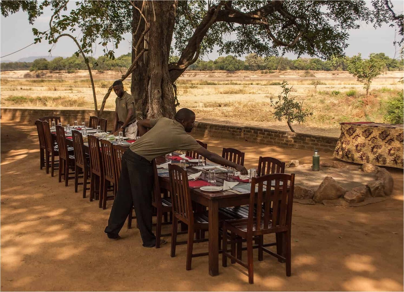 Long table de salle à manger dressée sous un grand arbre à Wildlife Camp
