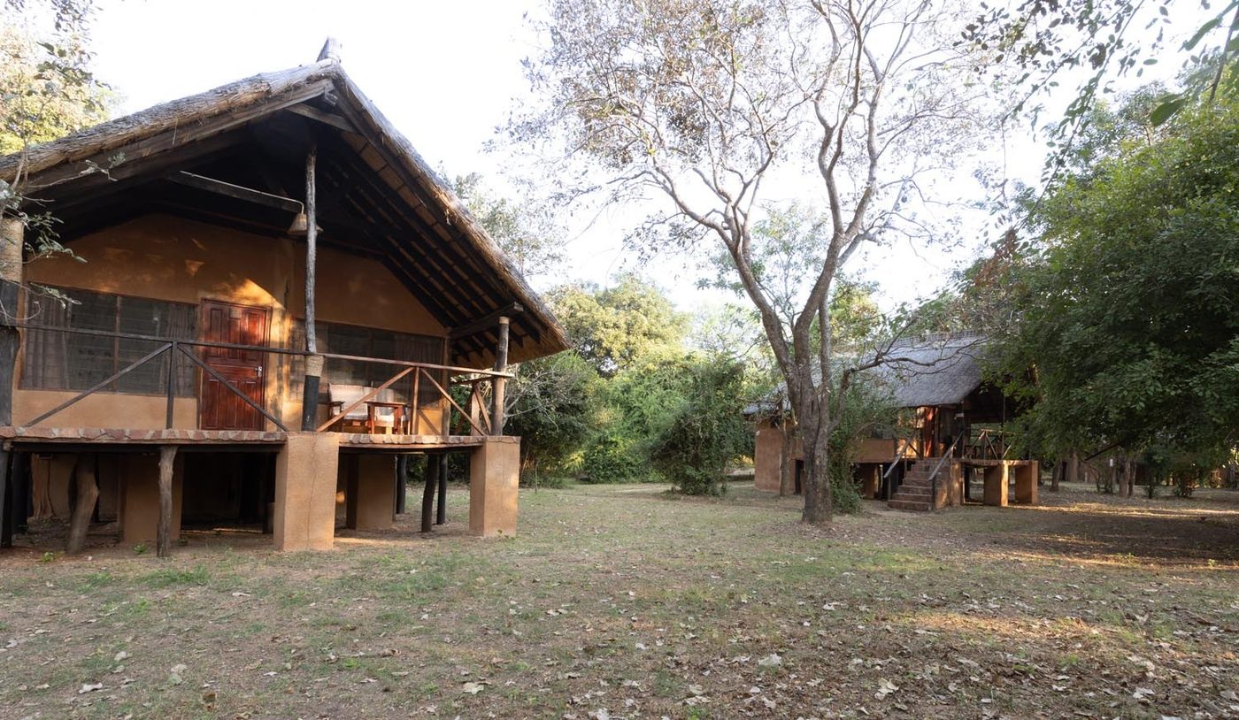 Bâtiment de lodge en chaume parmi les arbres le jour à Zikomo Safari Camp